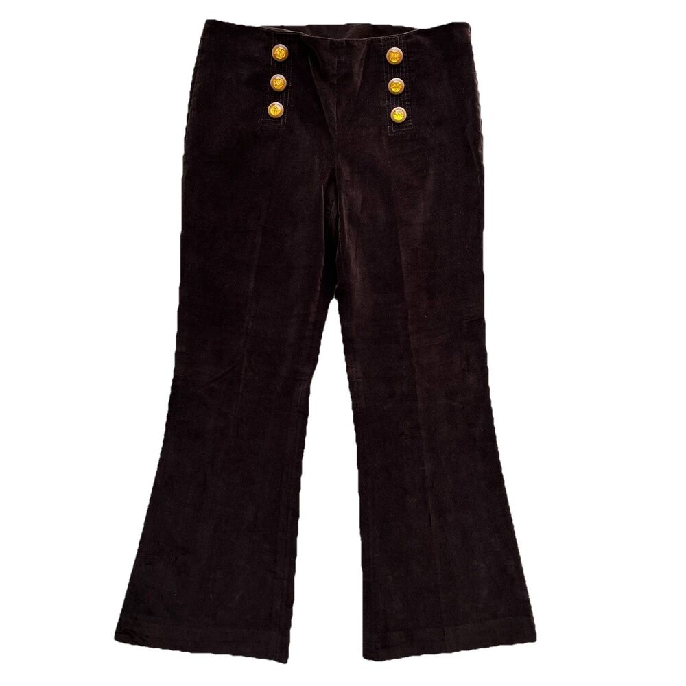 Tory Burch Brown Velvet Pants Pull On Mid Rise Flare Medallion Logo Buttons READ